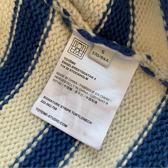 Toteme Signature Stripe Turtleneck Wool Cotton Oversized Knit Sweater Top Blue - Picture 5 of 12